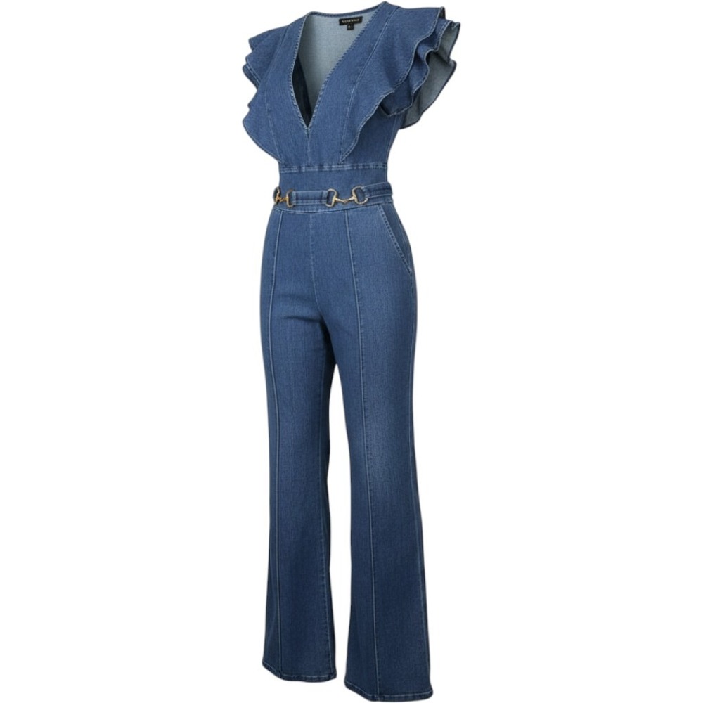Valentine LA Fashion Flutter Sleeve Denim Jumpsuit Wide Leg Gold Belt S western